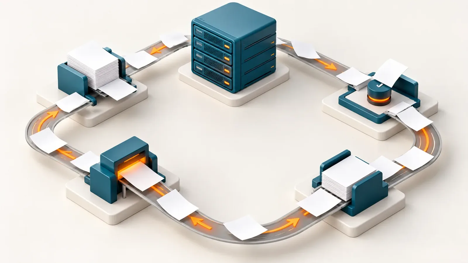 Représentation isométrique d’un flux de documents entre serveur et modules de contrôle.